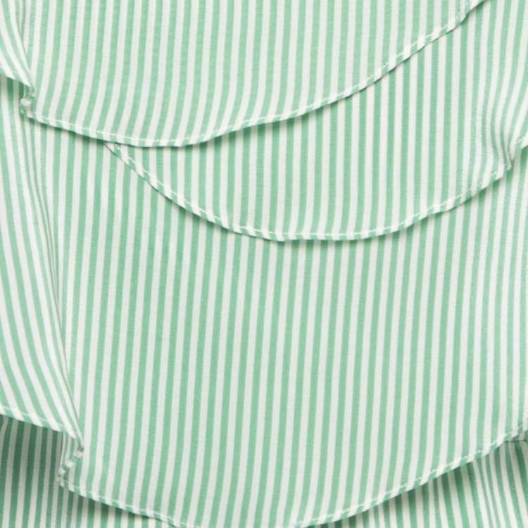 Pre Owned Oscar de la Renta White/Green Striped Silk Ruffled Sleeveless Top M