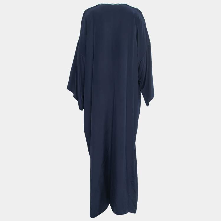 Pre Owned Oscar de la Renta Navy Blue Embroidered Silk Abhaya L