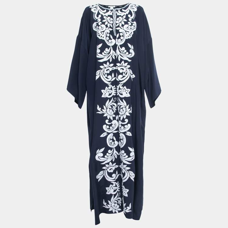 Pre Owned Oscar de la Renta Navy Blue Embroidered Silk Abhaya L