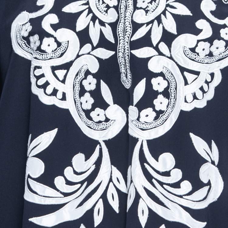 Pre Owned Oscar de la Renta Navy Blue Embroidered Silk Abhaya L