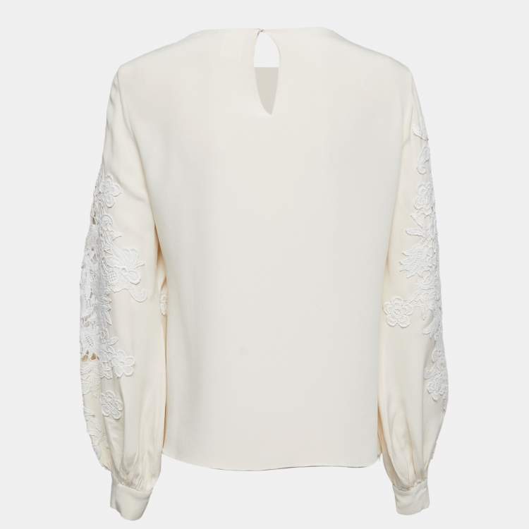 Pre Owned Oscar de la Renta Cream Crepe Lace Trimmed Long Sleeve Blouse M