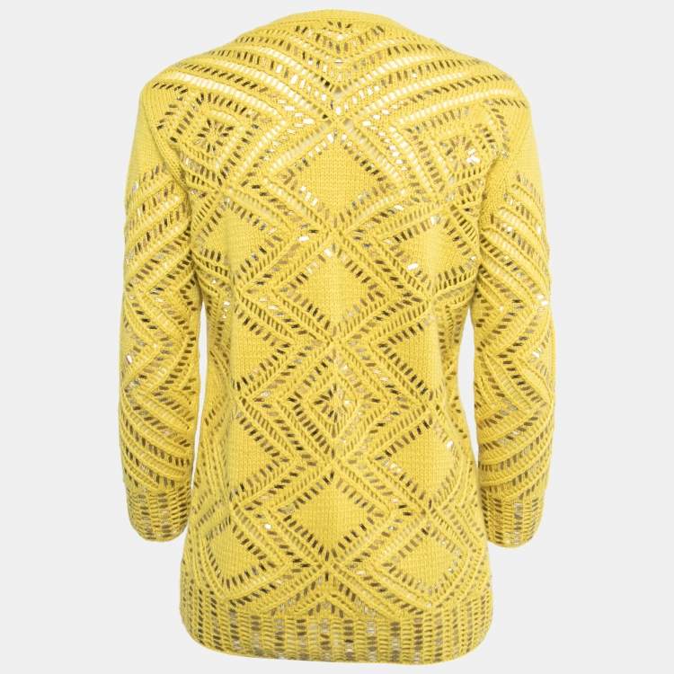 Pre Owned Oscar de la Renta Yellow Embellished Cashmere Knit Button Front Cardigan M