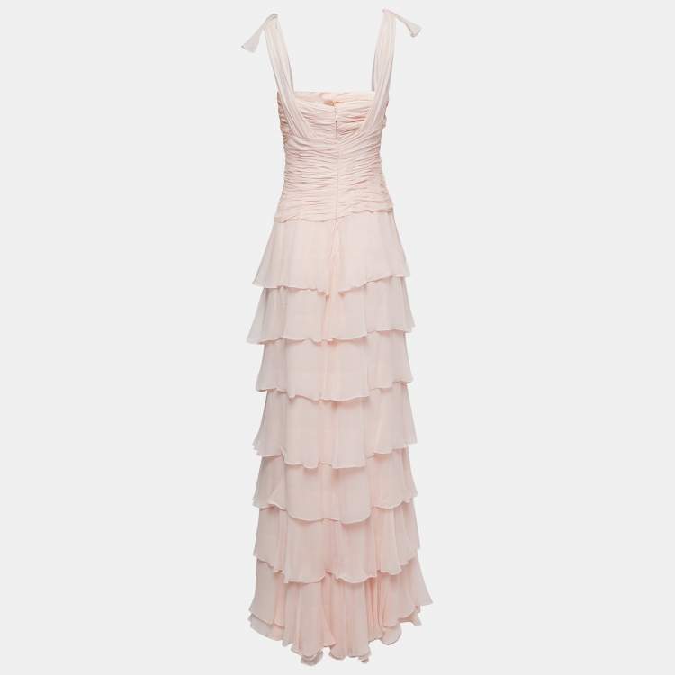Pre Owned Oscar de la Renta Light Pink Silk Ruched Corset Detail Sleeveless Tiered Gown M