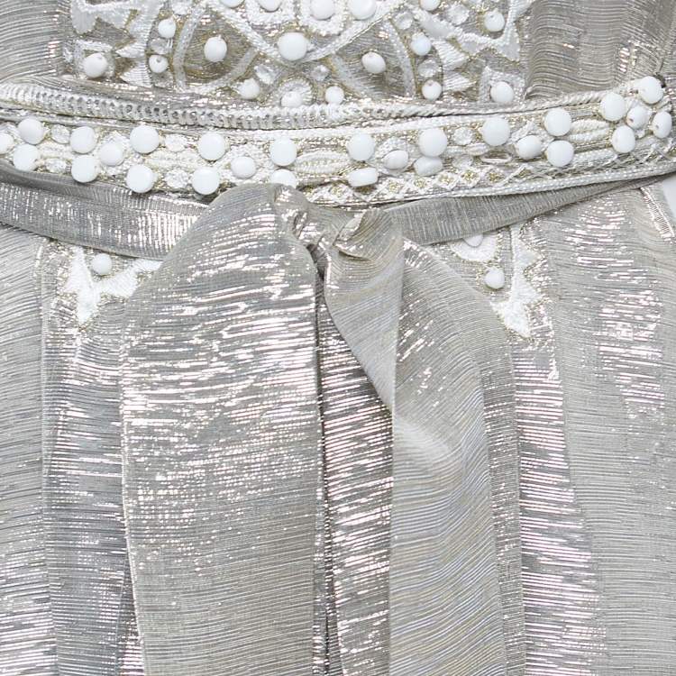 Pre Owned Oscar de la Renta Metallic Silk Beaded Belted Kaftan Maxi Dress S