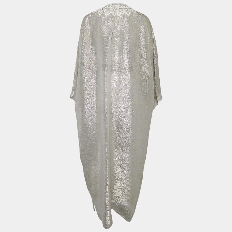Pre Owned Oscar de la Renta Metallic Silk Beaded Belted Kaftan Maxi Dress S