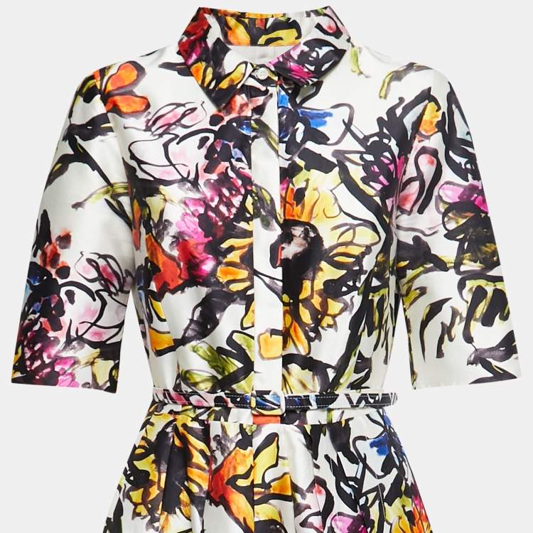 Pre Owned Oscar de la Renta Multicolor Abstract Printed Silk Belted Maxi Dress M
