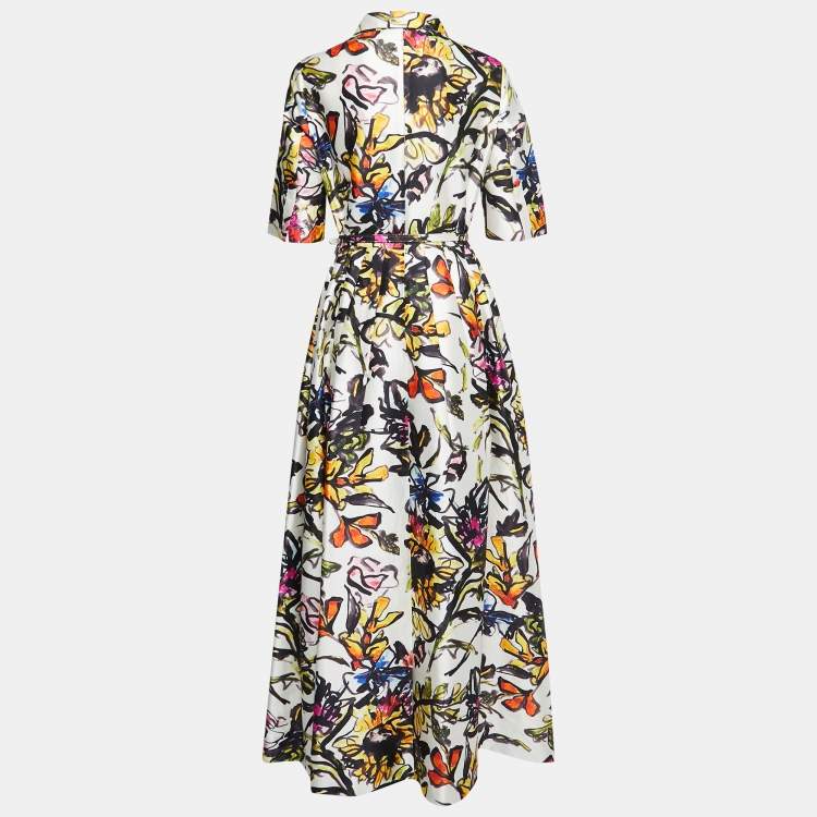 Pre Owned Oscar de la Renta Multicolor Abstract Printed Silk Belted Maxi Dress M
