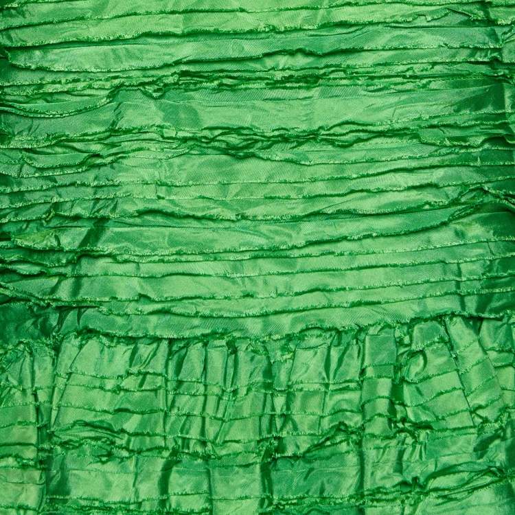 Pre Owned Oscar de la Renta Green Frayed Silk Sleeveless Midi Dress M