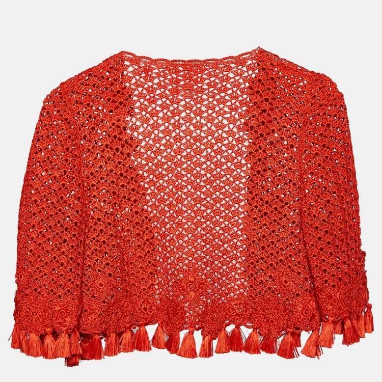 مملوكة مسبقًا Oscar de la Renta Burnt Orange Crochet Silk Knit Shrug S