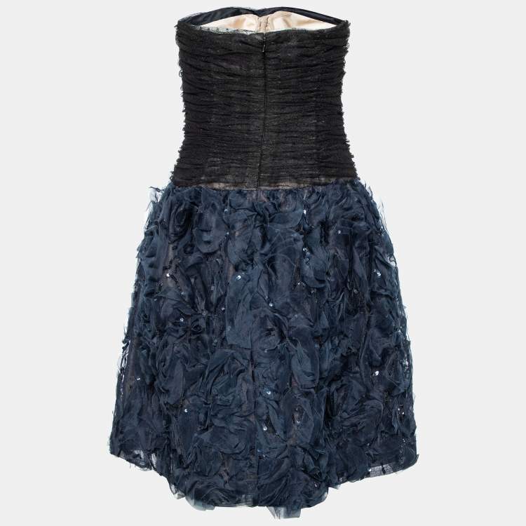 مملوكة مسبقًا Oscar de la Renta Black Tulle & Floral Silk Sequin Embellished Mini Dress L