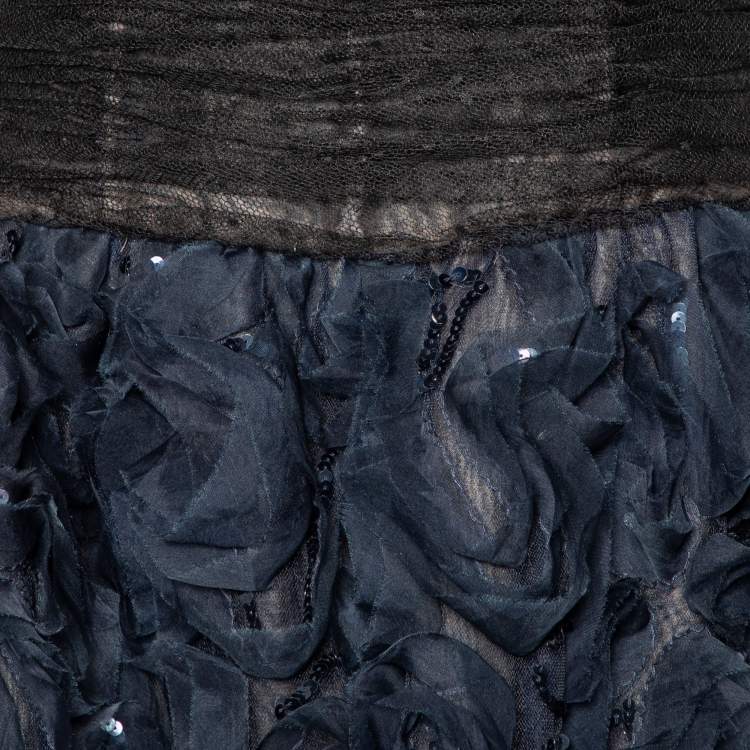 مملوكة مسبقًا Oscar de la Renta Black Tulle & Floral Silk Sequin Embellished Mini Dress L