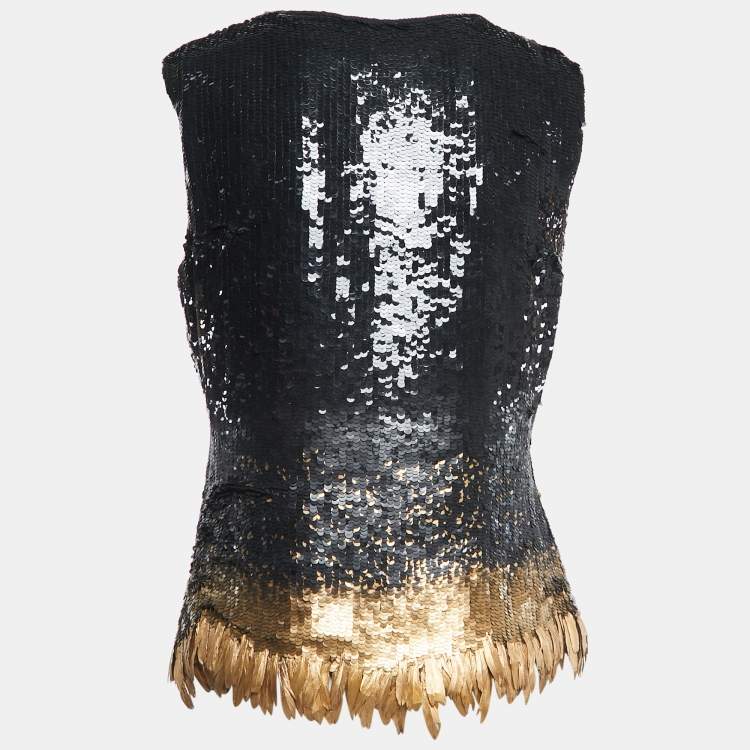 مملوكة مسبقًا Oscar de la Renta Black/Gold Sequined Feather Embellished Top M