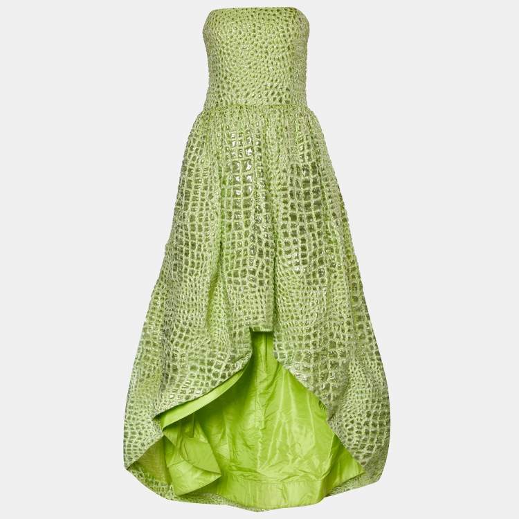 Pre Owned Oscar De La Renta Lime Green Lurex Lame Strapless High Low Hem Gown L