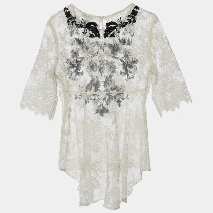 Pre Owned Oscar de la Renta White Lace Contrast Embroidery High Low Hem Top M