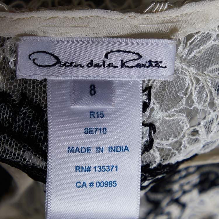 Pre Owned Oscar de la Renta White Lace Contrast Embroidery High Low Hem Top M