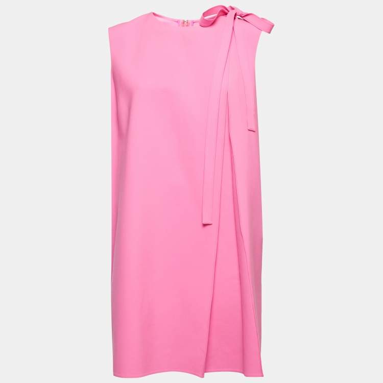 Pre Owned Oscar de la Renta Pink Wool Bow-detail Pleated Sleeveless Mini Dress XL