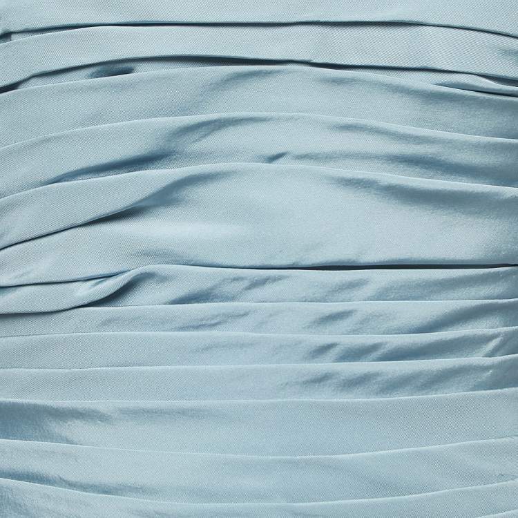 Pre Owned Oscar de la Renta Light Blue Silk Pleated Ruffle Strapless Gown M