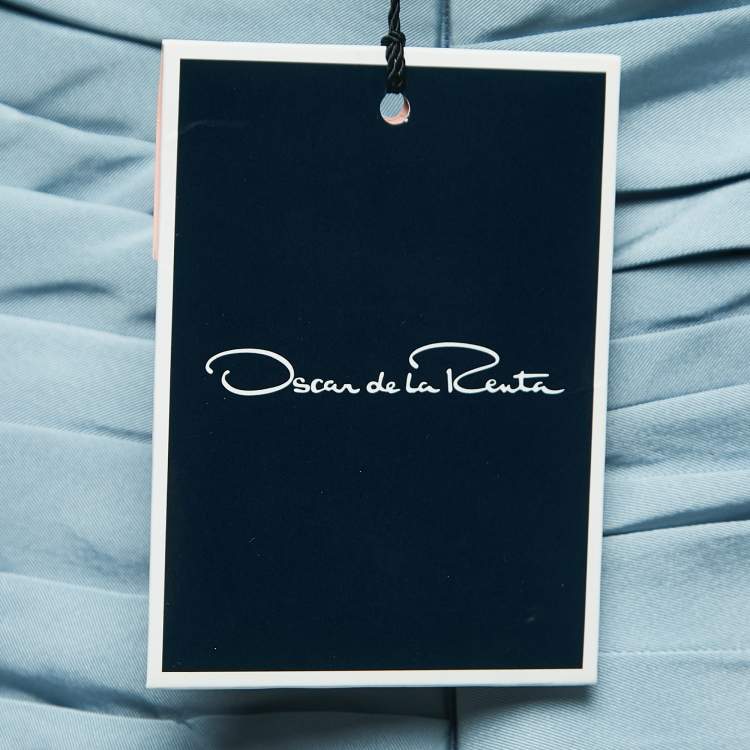 Pre Owned Oscar de la Renta Light Blue Silk Pleated Ruffle Strapless Gown M