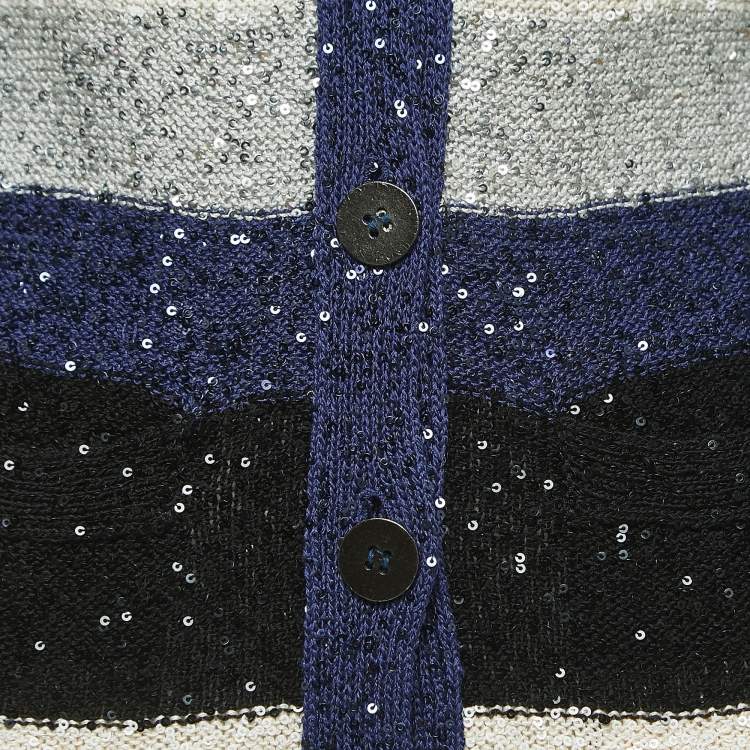 Pre Owned Oscar de la Renta Blue Striped Sequined Knit Buttoned Cardigan S
