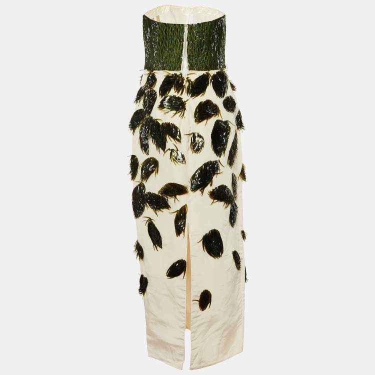 Pre Owned Oscar de la Renta Cream Silk Green Leaf Embellished Strapless Gown M