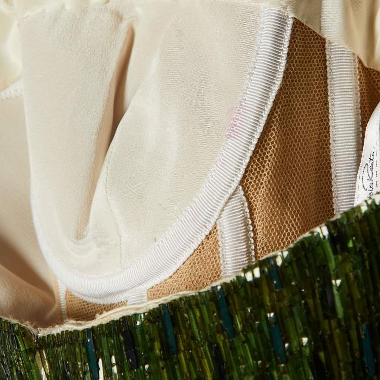 Pre Owned Oscar de la Renta Cream Silk Green Leaf Embellished Strapless Gown M