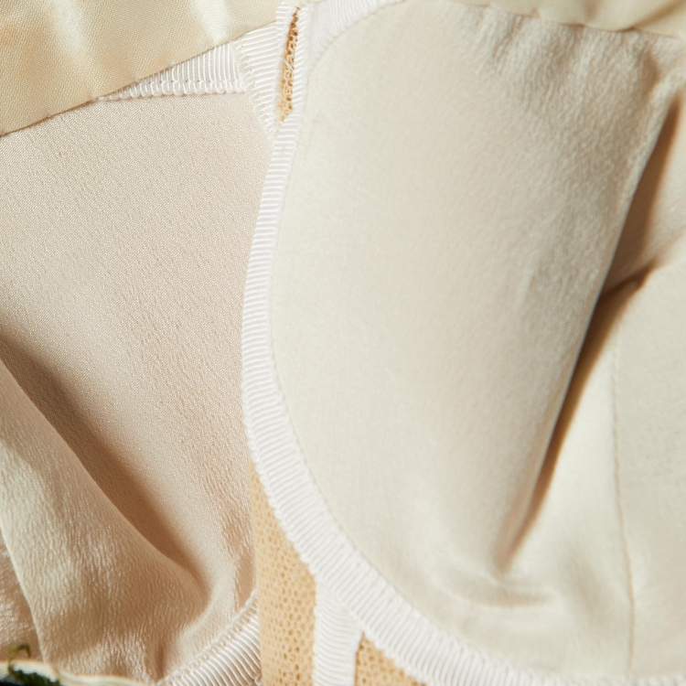 Pre Owned Oscar de la Renta Cream Silk Green Leaf Embellished Strapless Gown M