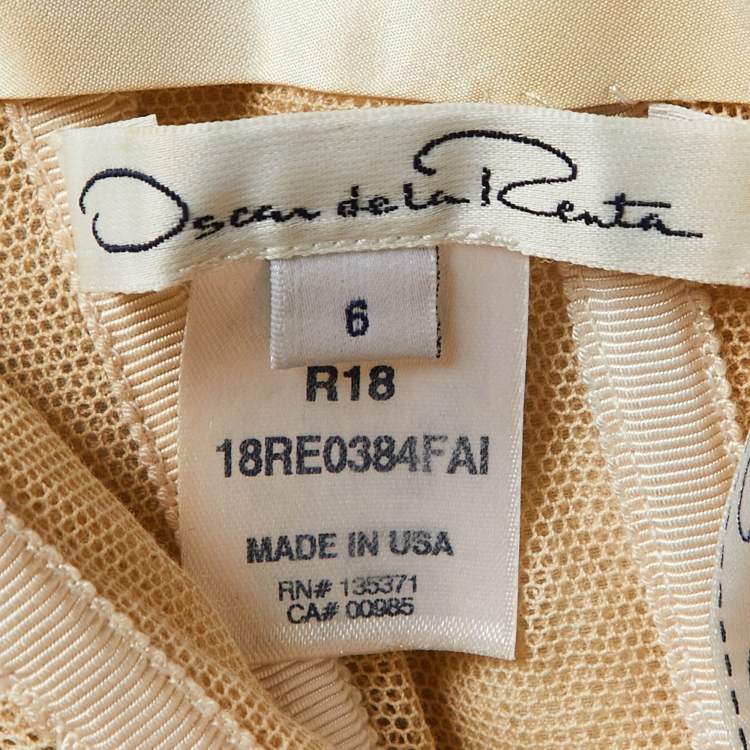 Pre Owned Oscar de la Renta Cream Silk Green Leaf Embellished Strapless Gown M