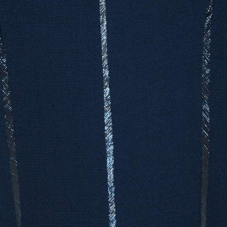 Pre Owned Oscar de la Renta Navy Blue Wool Metallic Trim Midi Dress XL