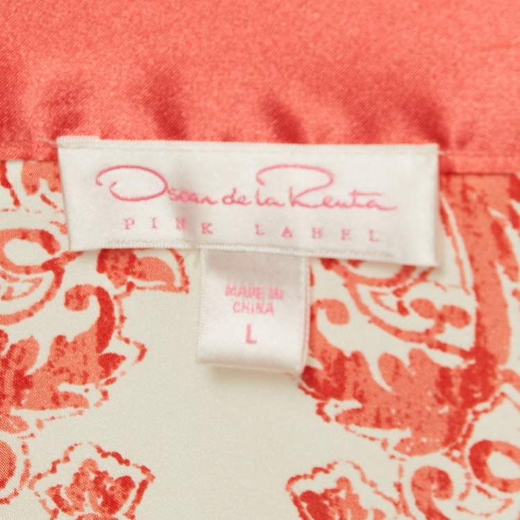 Pre Owned Oscar de la Renta Pink Label Cream/Orange Print Satin Belted Coat L
