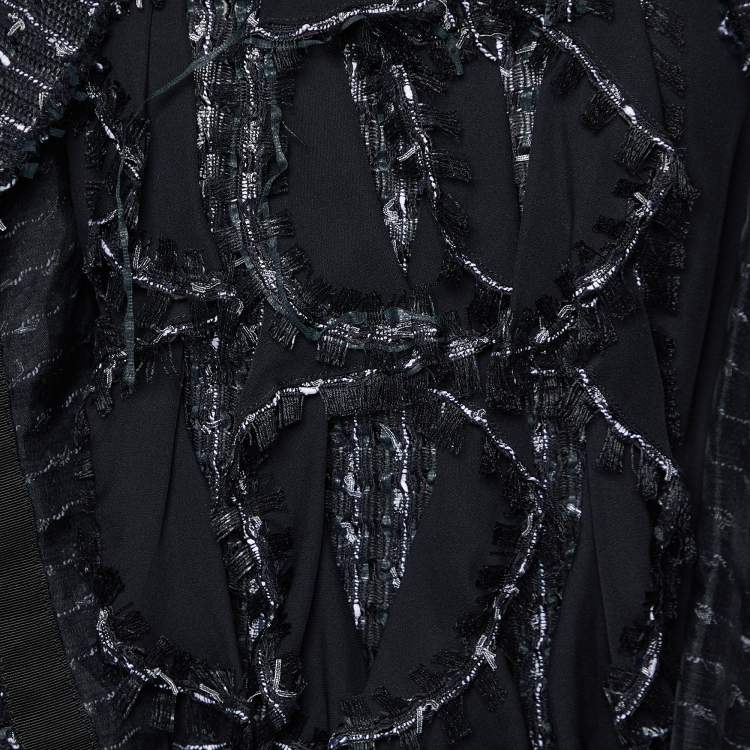 Pre Owned Oscar de la Renta Black Tweed Ruffled Blouse & Jacket Set L