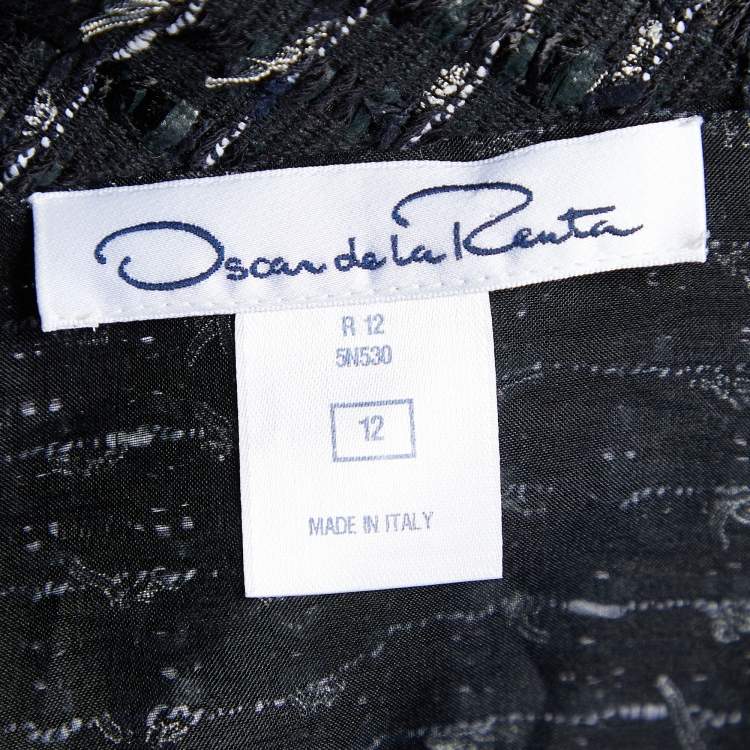 Pre Owned Oscar de la Renta Black Tweed Ruffled Blouse & Jacket Set L