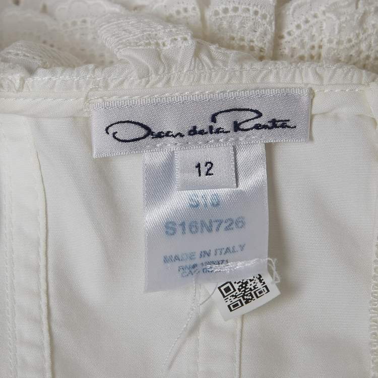 Pre Owned Oscar de la Renta White Cotton Lace Ruffle Detail Peplum Top L