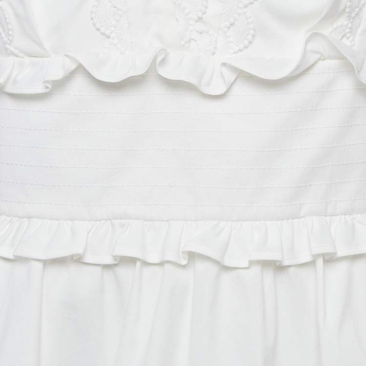Pre Owned Oscar de la Renta White Lace Trim Cotton Ruffled Peplum Top M