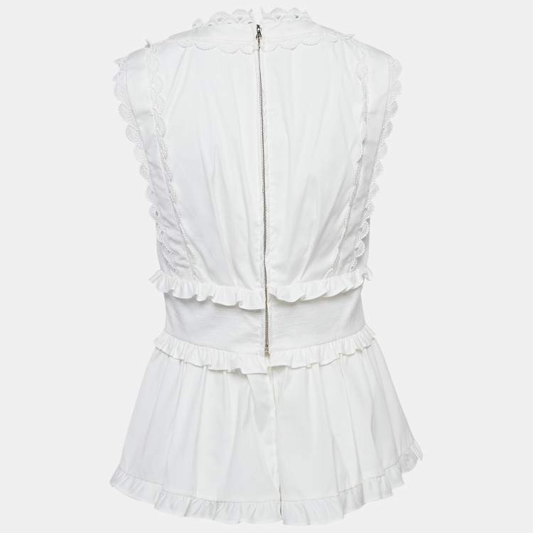 Pre Owned Oscar de la Renta White Lace Trim Cotton Ruffled Peplum Top M