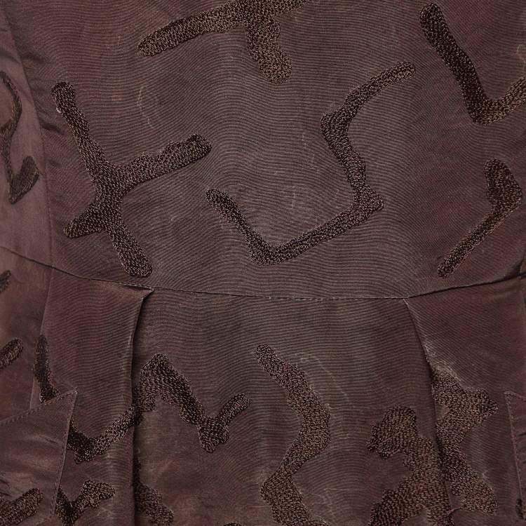 Pre Owned Oscar de la Renta Brown Embroidered Silk Knee-Length Dress L