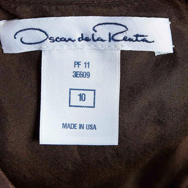 Pre Owned Oscar de la Renta Brown Embroidered Silk Knee-Length Dress L
