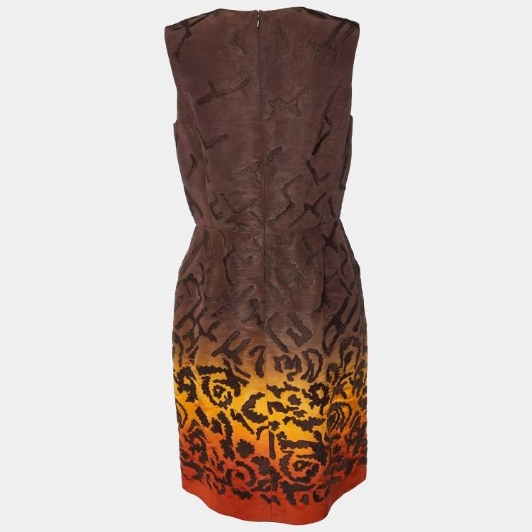 Pre Owned Oscar de la Renta Brown Embroidered Silk Knee-Length Dress L
