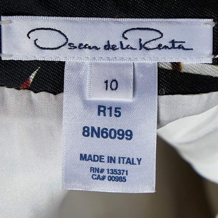 Pre Owned Oscar de la Renta Black Tropical Ikat Print Silk & Cotton A-Line Dress L