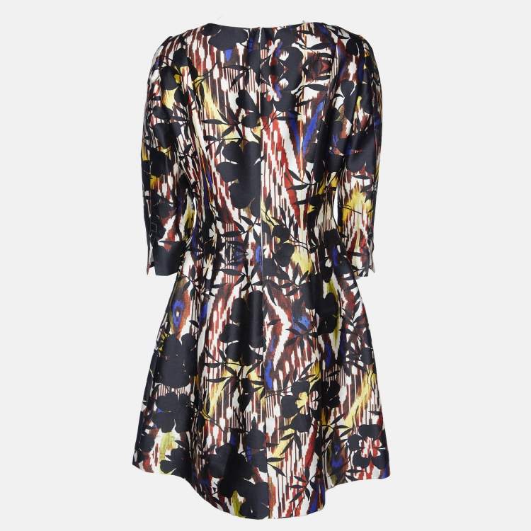 Pre Owned Oscar de la Renta Black Tropical Ikat Print Silk & Cotton A-Line Dress L