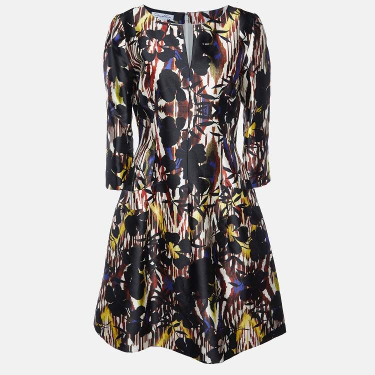 Pre Owned Oscar de la Renta Black Tropical Ikat Print Silk & Cotton A-Line Dress L