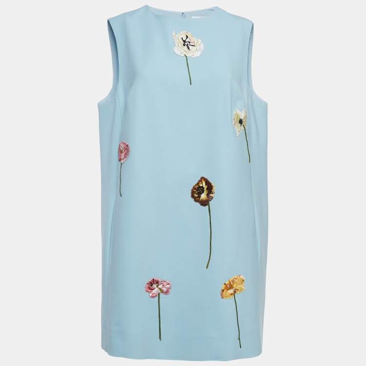 Pre Owned Oscar de la Renta Blue Floral Applique Wool Shift Dress XL
