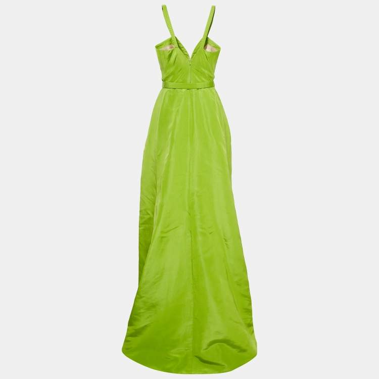 Pre Owned Oscar de la Renta Green Silk Crystal Detail Belted Gown S