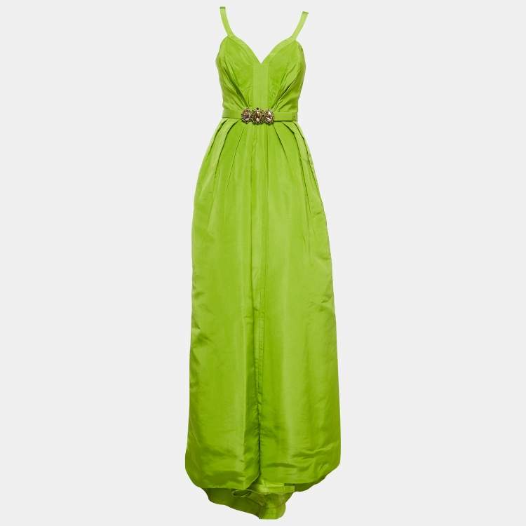 Pre Owned Oscar de la Renta Green Silk Crystal Detail Belted Gown S