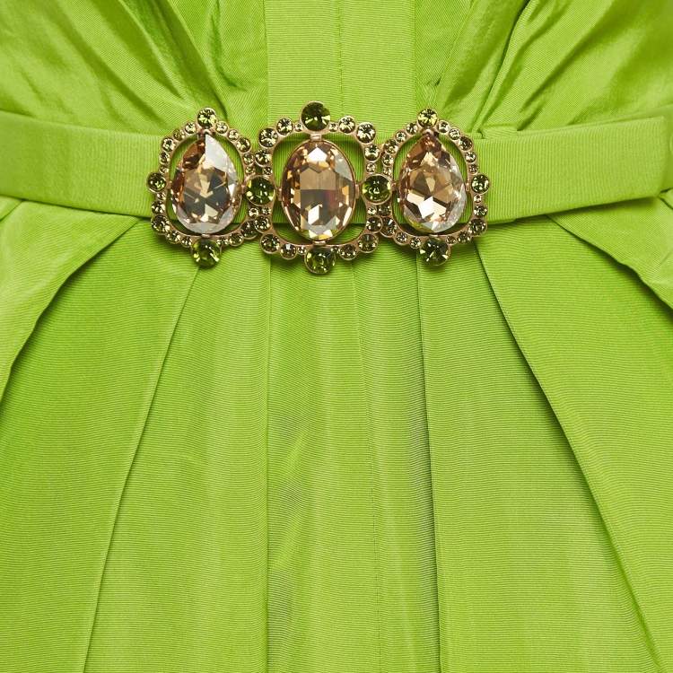 Pre Owned Oscar de la Renta Green Silk Crystal Detail Belted Gown S
