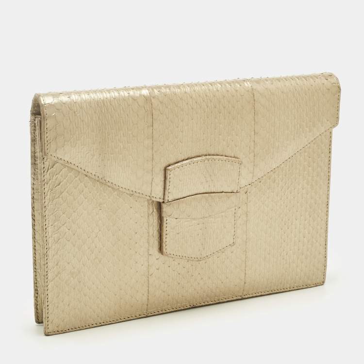 Pre Owned Oscar De La Renta Gold Watersnake Leather Small Grafton Clutch