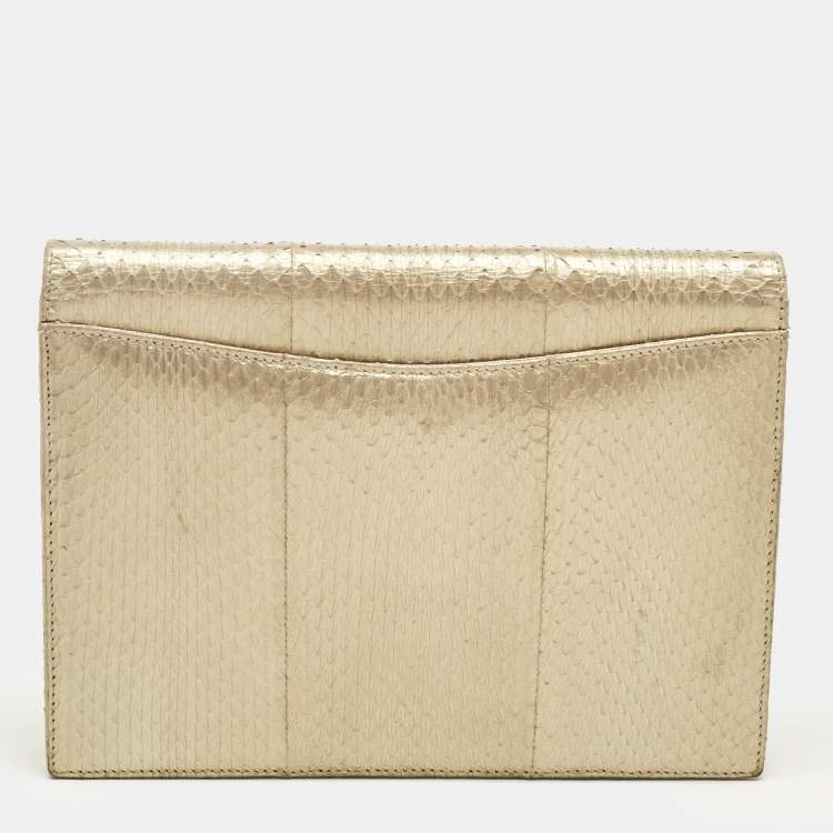 Pre Owned Oscar De La Renta Gold Watersnake Leather Small Grafton Clutch