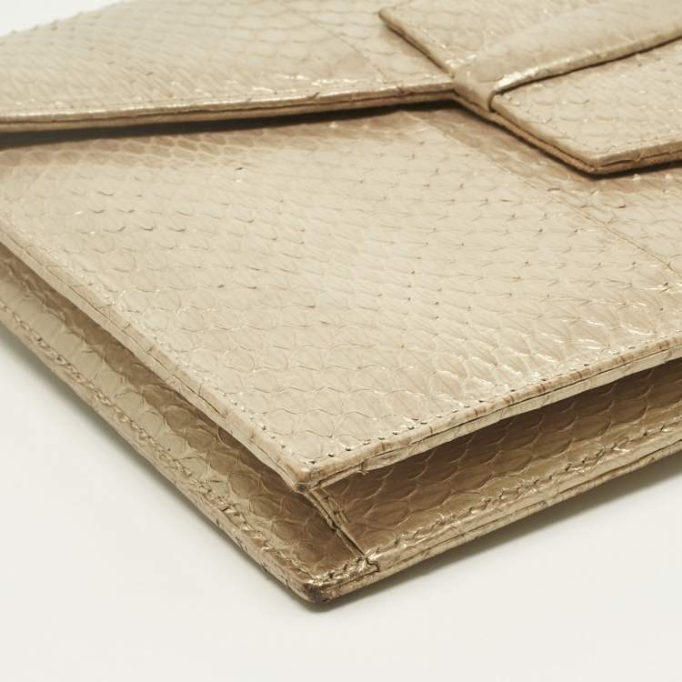 Pre Owned Oscar De La Renta Gold Watersnake Leather Small Grafton Clutch