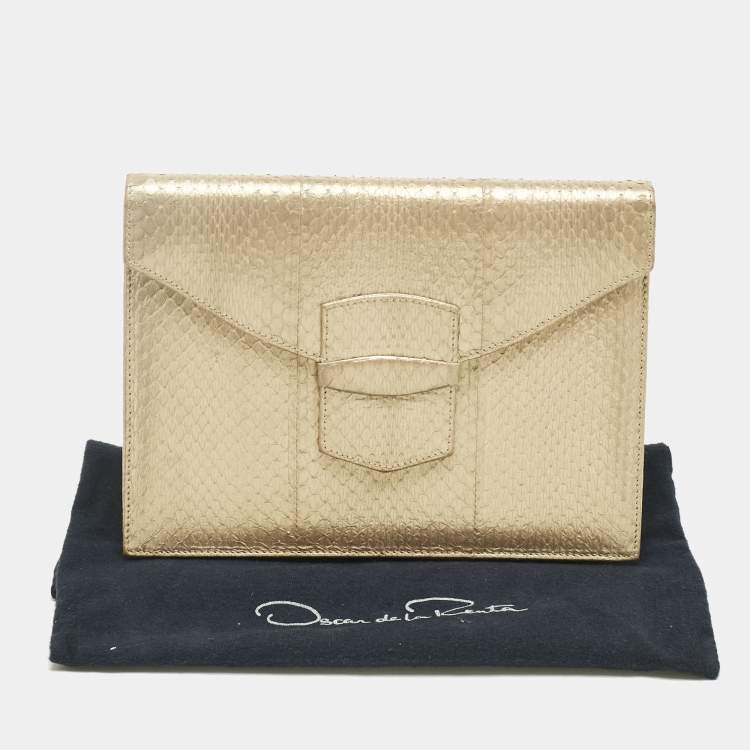 Pre Owned Oscar De La Renta Gold Watersnake Leather Small Grafton Clutch