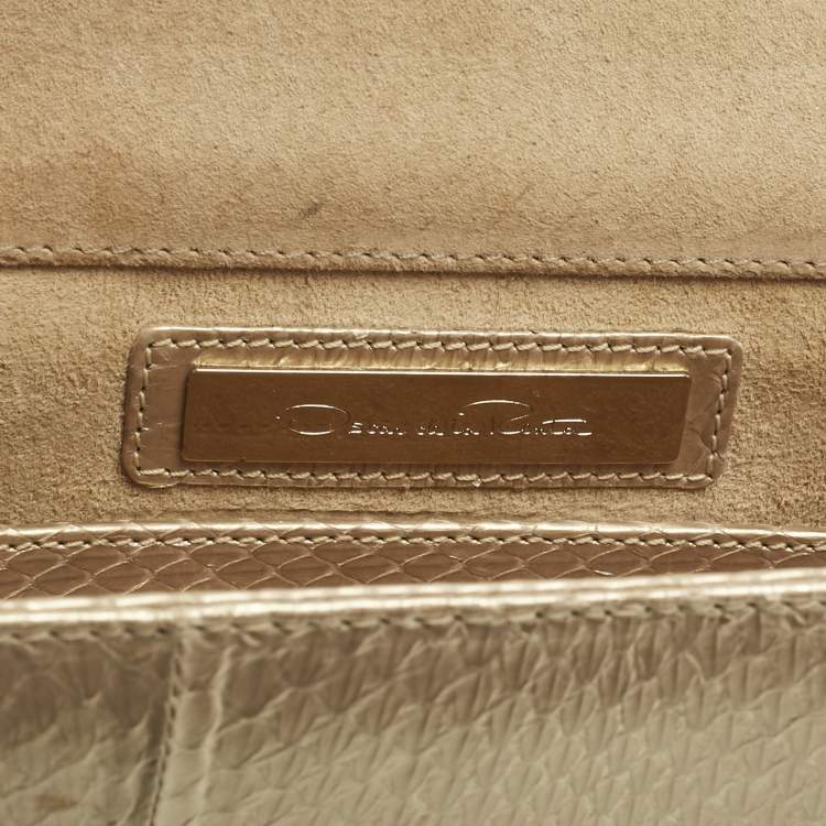Pre Owned Oscar De La Renta Gold Watersnake Leather Small Grafton Clutch