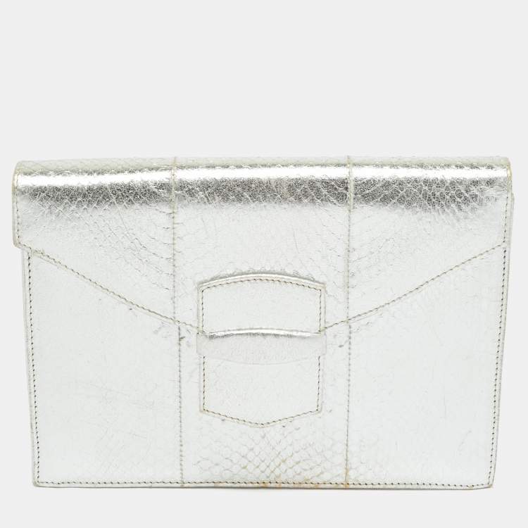 Pre Owned Oscar de la Renta Silver Snakeskin Embossed Leather Flap Clutch